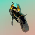 Woman With Blue Hair In Yellow Top And Black Pants Sitting On Futuristic Cyberpunk Motorcycle