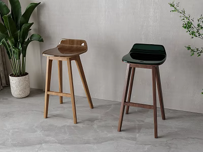 Two Toned Bar Stools Light Brown Dark With Gray Wall Floor Green Plants White Planter 3d model