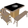 Dining Table Set With Round Hotpot Marble Top Wooden Bench And Rolling Cart