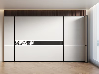 Modern Interior Wall Design Featuring Wooden Trim White Panels Black Stripes And Marble Accent 3d model