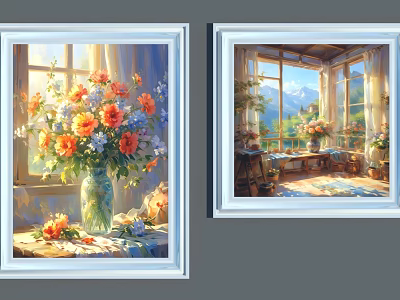 Framed Abstract Paintings With Floral Vase Window View And Mountain Landscape 3d model