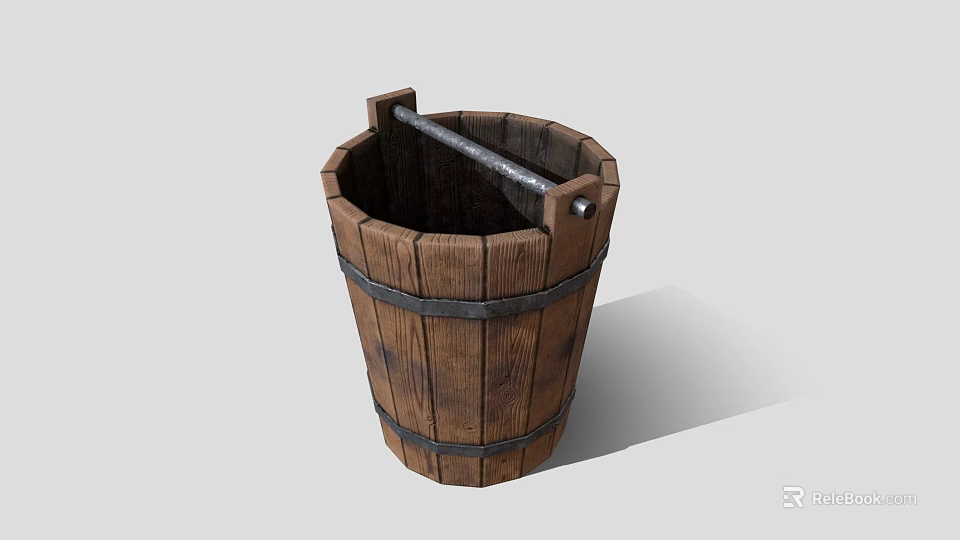 Decorative Wooden Bucket Ornament with Metal Hoops and Handle for Home Decor 3d model 