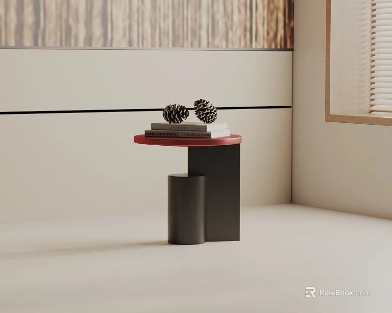 Modern Side Table with Red Top and Black Base Featuring Books and Pine Cones 3d model