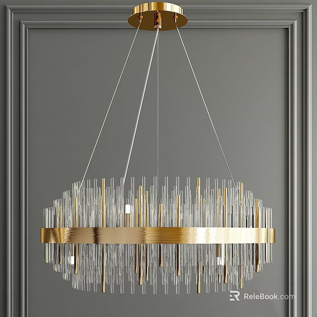 Modern Hanging Chandelier With Transparent Glass Tubes And Golden Ring Decor 3d model 