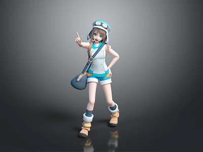 3D Anime Girl Character With Goggles Hat Carrying Shoulder Bag Wearing Casual Shorts Outfit 3d model