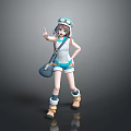 3D Anime Girl Character With Goggles Hat Carrying Shoulder Bag Wearing Casual Shorts Outfit
