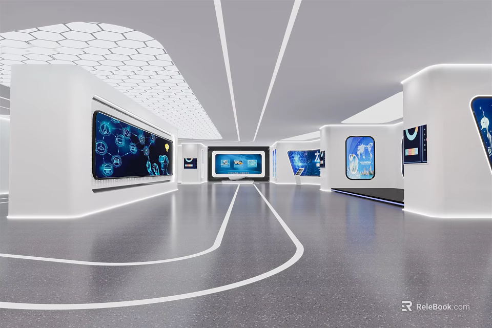 Modern Tech Exhibition Space Featuring Multiple Digital Screens White Walls And Geometric Ceiling Design 3d model 