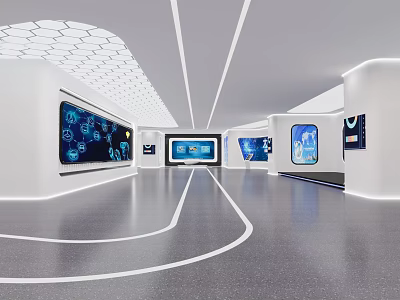 Modern Tech Exhibition Space Featuring Multiple Digital Screens White Walls And Geometric Ceiling Design 3d model