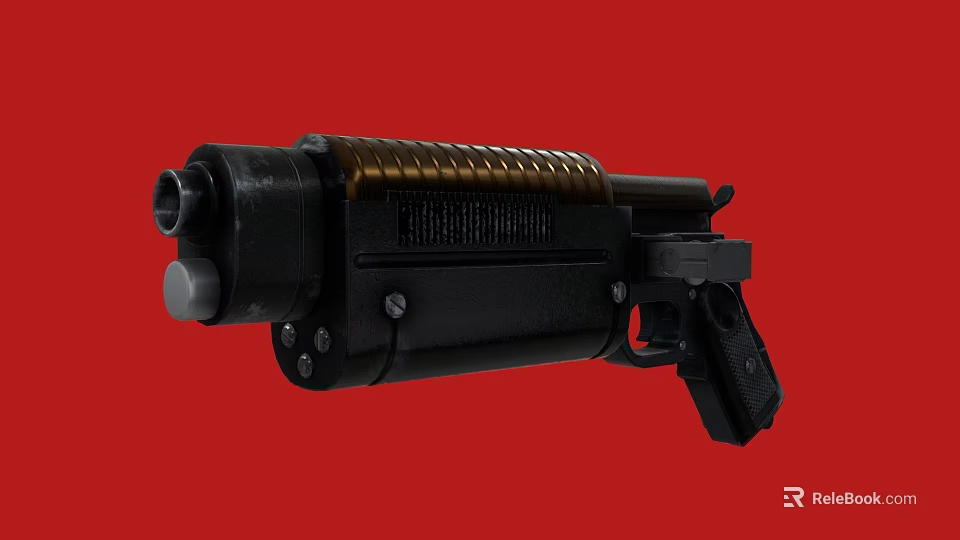 Black And Gold Tactical Pistol Weapon With Barrel Grip And Heat Sink On Red Background 3d model 