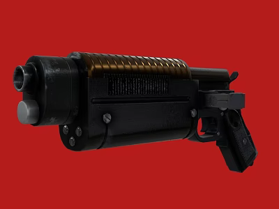 Black And Gold Tactical Pistol Weapon With Barrel Grip And Heat Sink On Red Background 3d model