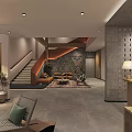 Modern Hotel Lobby Interior With Stone Wall Sofa Rug And Staircase