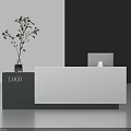 Modern White And Dark Reception Desk With LOGO Vase And Decorative Plant