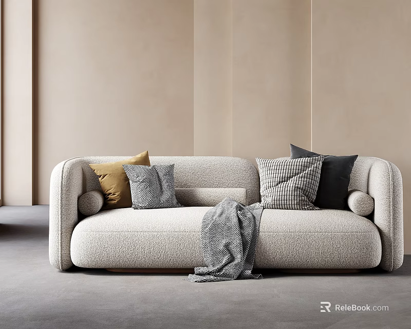 Modern Beige Double Sofa With Colorful Throw Pillows And Gray Blanket In Minimalist Living Room 3d model 