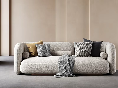 Modern Beige Double Sofa With Colorful Throw Pillows And Gray Blanket In Minimalist Living Room 3d model