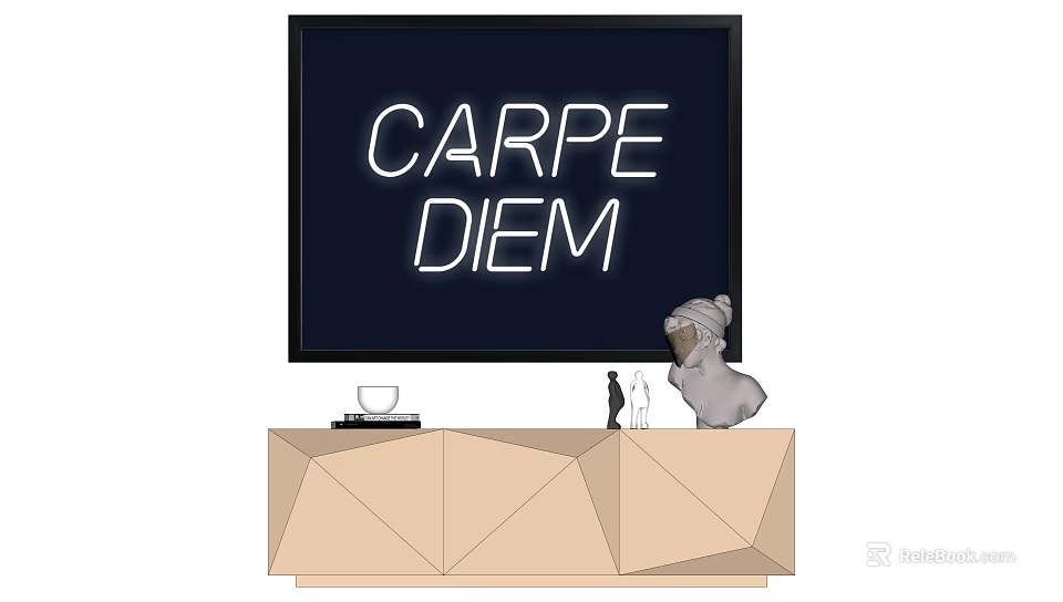 Decorative Display Featuring Carpe Diem Neon Sign On Black Screen And Geometric Cabinet With Ornaments 3d model 