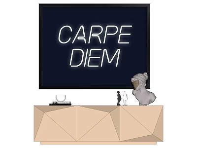 Decorative Display Featuring Carpe Diem Neon Sign On Black Screen And Geometric Cabinet With Ornaments 3d model