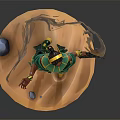 Female Warrior with Green Gold Armor and Yellow Energy Ribbons Holding Gun on Sand Base