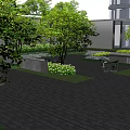 Residential Landscape Design With Mature Trees Lush Greenery Paved Courtyard And Outdoor Seating