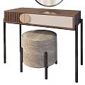 Modern Wooden Dressing Table With Round Mirror And Beige Upholstered Stool