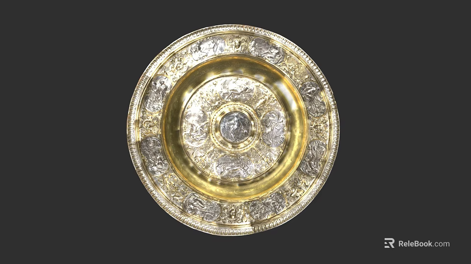 Circular Sculptural Carving With Gold Silver Decoration Intricate Central Patterns And Relief Edges 3d model 