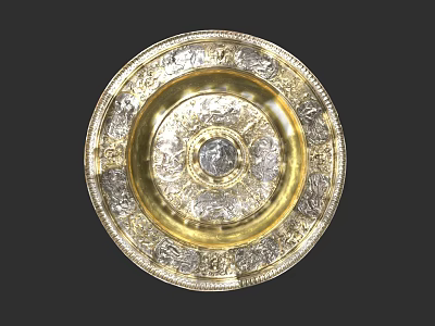 Circular Sculptural Carving With Gold Silver Decoration Intricate Central Patterns And Relief Edges 3d model