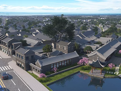 Traditional Ancient Architecture Featuring Gray Tiled Roofs Courtyards Pond Pavilion And Pink Flowers 3d model