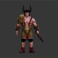 Horned Barbarian Warrior Character With Bare Chest Leather Skirt And Spiked Weapon