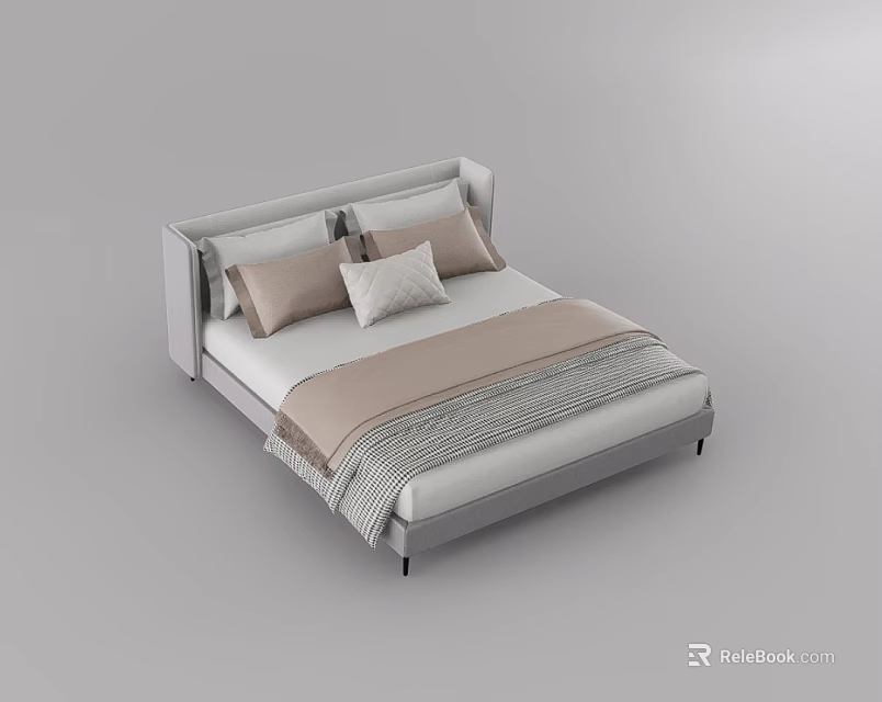 Modern Double Bed with Upholstered Headboard Beige Pillows and Striped Blanket 3d model 