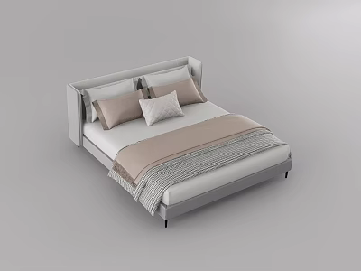 Modern Double Bed with Upholstered Headboard Beige Pillows and Striped Blanket 3d model