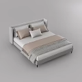 Modern Double Bed with Upholstered Headboard Beige Pillows and Striped Blanket