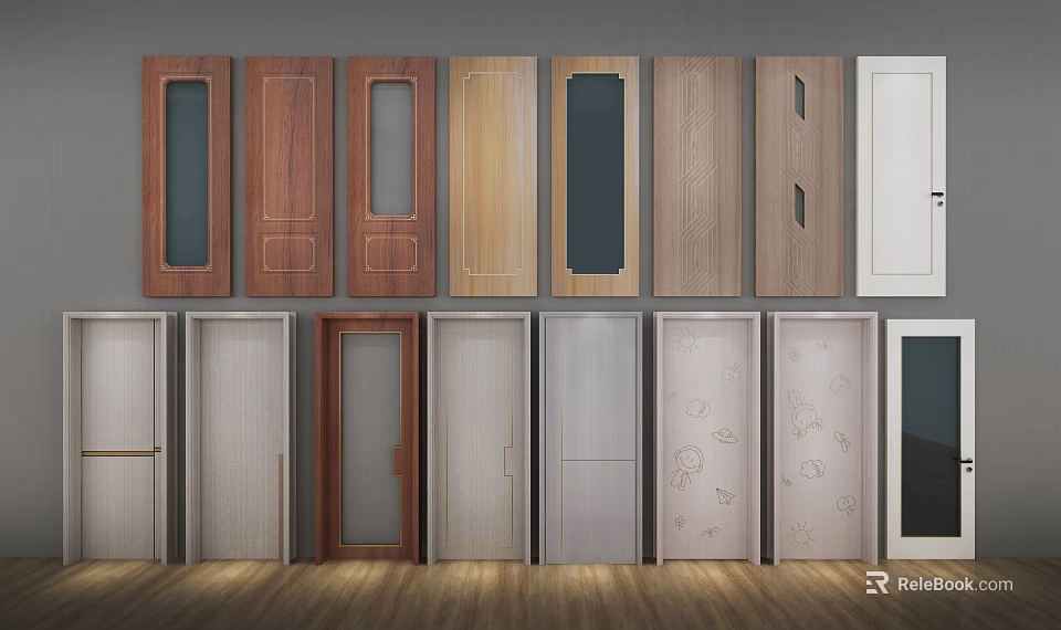Various Hinged Doors With Different Materials And Design Styles For Home Interior 3d model 
