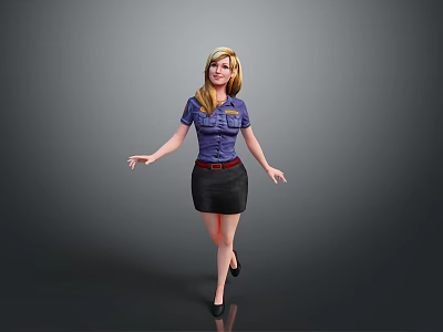 Blonde woman in blue shirt and black skirt with hands naturally open against gray background 3d model