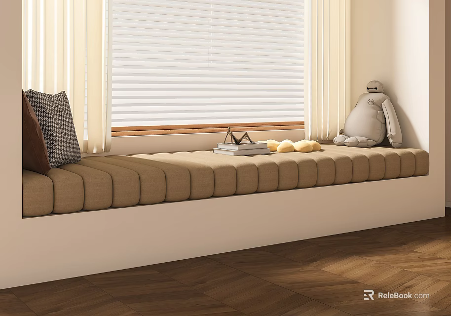Elegant Window Blinds with Padded Window Seat Pillow Books Decor Stuffed Toy and Wooden Floor 3d model 