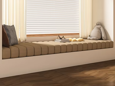 Elegant Window Blinds with Padded Window Seat Pillow Books Decor Stuffed Toy and Wooden Floor 3d model