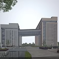Modern Office Building With Glass Curtain Wall Symmetrical Design Plaza Water Feature And Landscaping