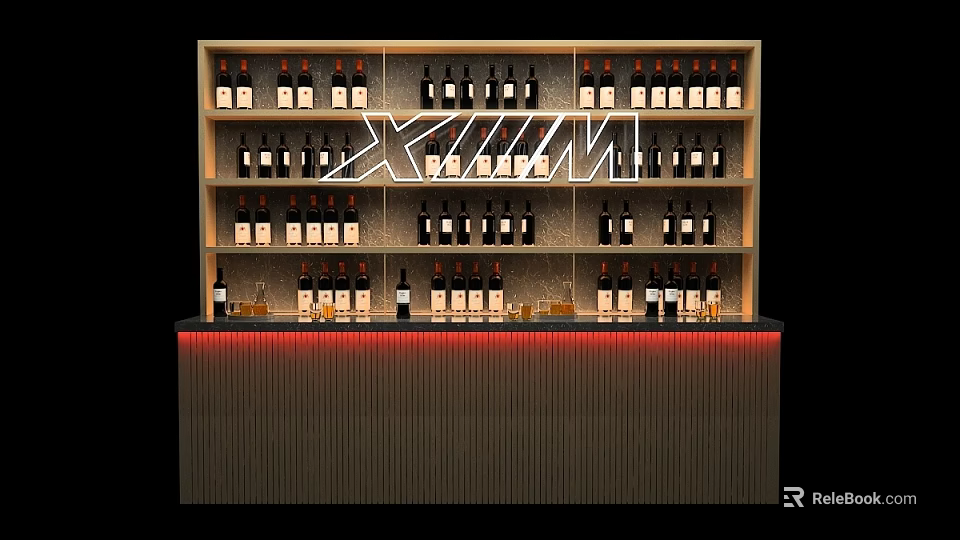 Modern Wine Cabinet Interior Design With Multilayer Shelves Wine Bottles And LED Lighting 3d model 