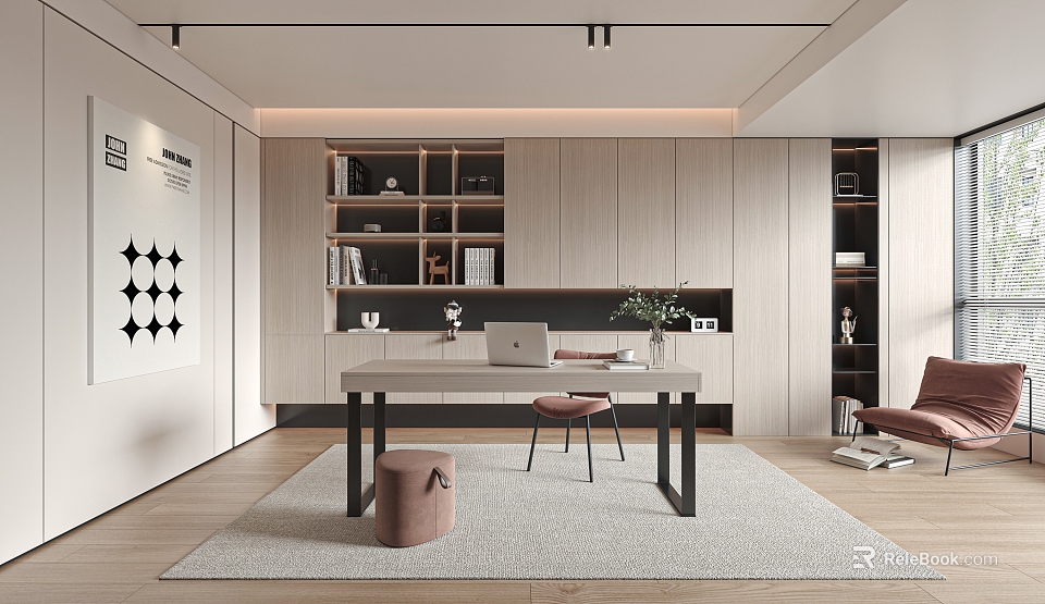 Modern Study Room Interior With Wooden Bookshelves Large Desk And Area Rug 3d model 