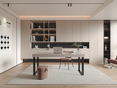 Modern Study Room Interior With Wooden Bookshelves Large Desk And Area Rug 3d model