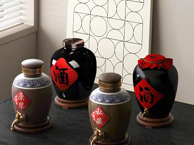 Traditional Chinese Wine Jars With Red Characters On Wooden Table Near Window And Decorative Painting 3d model