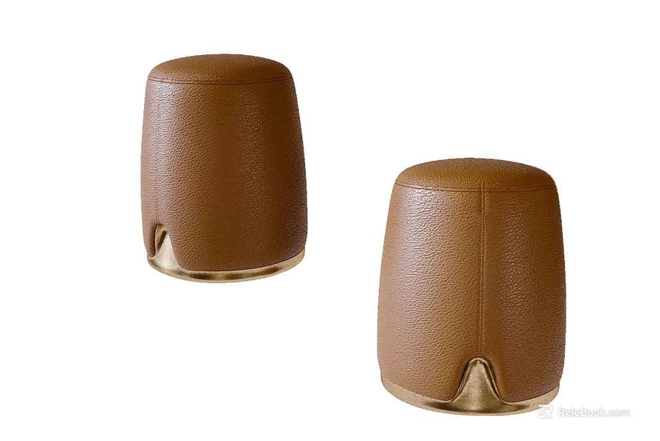 Elegant Brown Leather Sofa Stools With Gold Metal Legs Design 3d model 