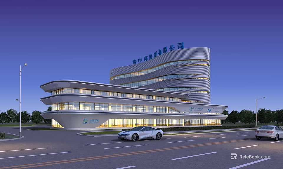 Streamlined Modern Office Building With Glass Curtain Wall And Night Illumination 3d model 