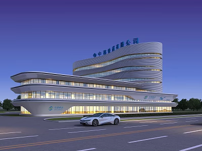 Streamlined Modern Office Building With Glass Curtain Wall And Night Illumination 3d model