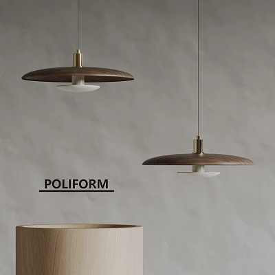 Modern POLIFORM Pendant Lights with Wooden Shades in Gray Wall Interior and Circular Countertop 3d model