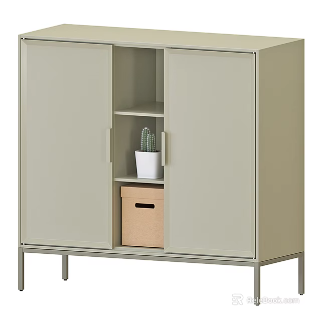 Modern Light Beige Console Cabinet With Two Doors Open Shelf Cactus And Storage Box 3d model