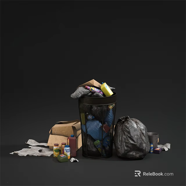 Everyday Household Items Including Trash Can Garbage Bag Cardboard Boxes And Plastic Bottles 3d model 