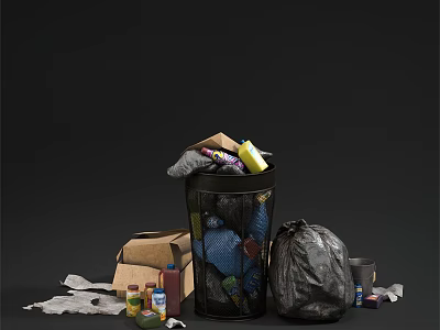 Everyday Household Items Including Trash Can Garbage Bag Cardboard Boxes And Plastic Bottles 3d model