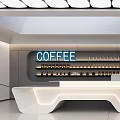 Modern Coffee Shop Interior With Neon Coffee Sign White Counter And Square Ceiling Lights
