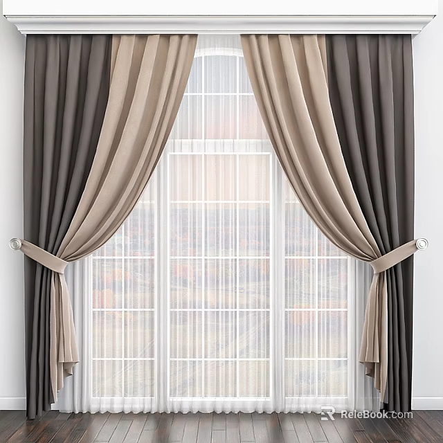 Dark Brown And Beige Curtains With Tiebacks And Sheer Liner For Window 3d model 