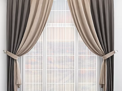 Dark Brown And Beige Curtains With Tiebacks And Sheer Liner For Window 3d model