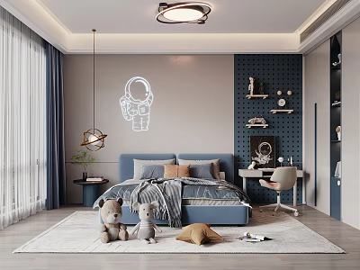 Cozy Kids Room Interior With Blue Bed Stuffed Toys Astronaut Wall Decal Desk And Chair 3d model
